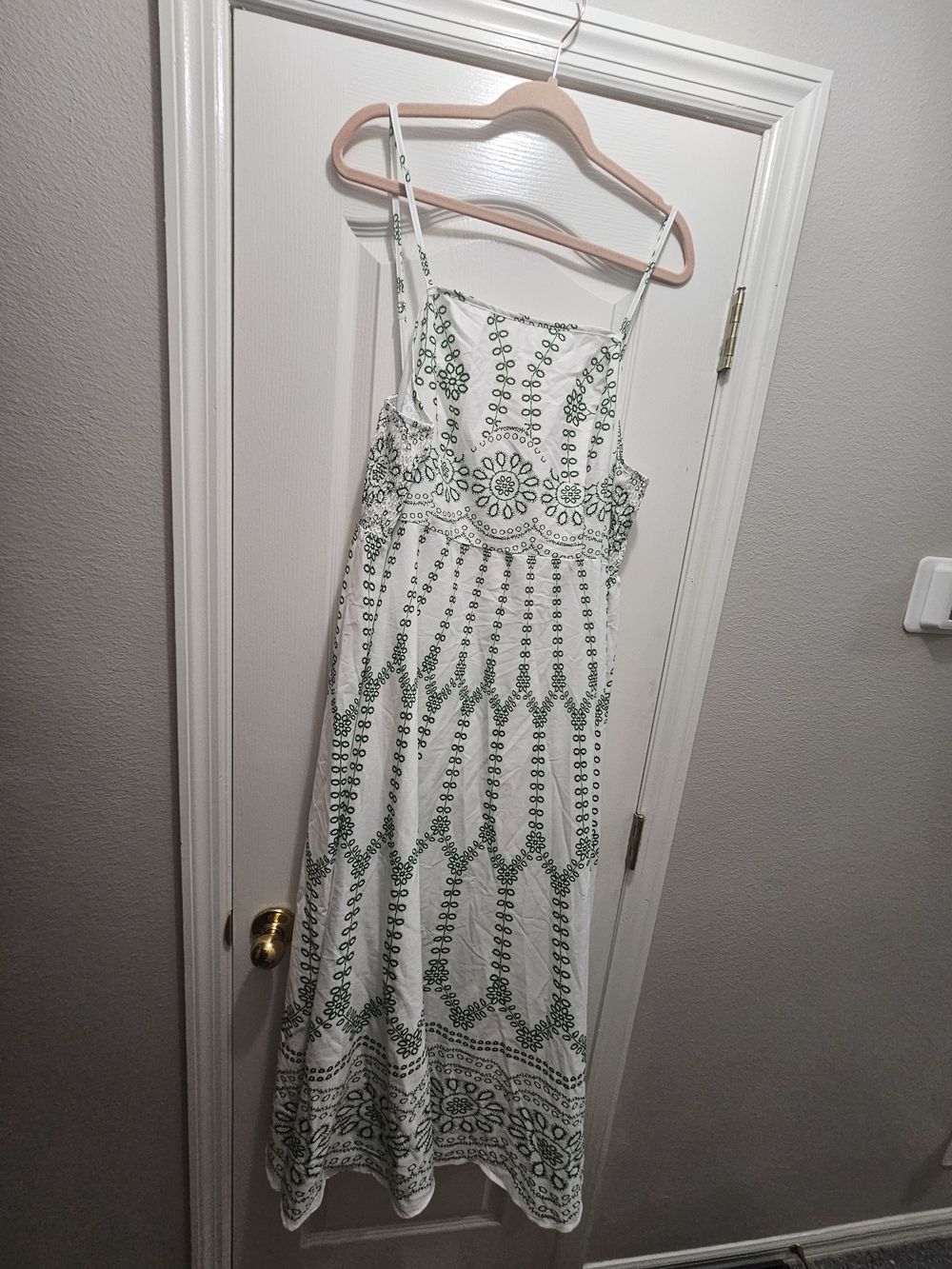 Women’s White Maxi Dress with Green Embroidery